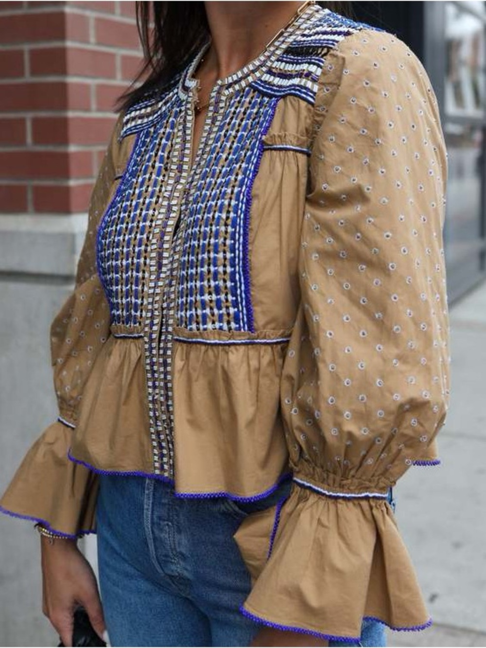 Veronica Beard McKenzie Embroidered Peasant Blouse in Camel with Blue Trim